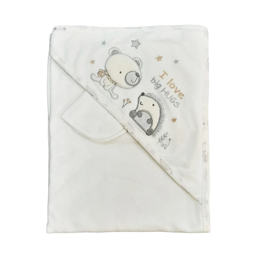 Peškir za bebe beli Jež 2159 - Mekani, beli dečiji peškir + mali peškir za brisanje